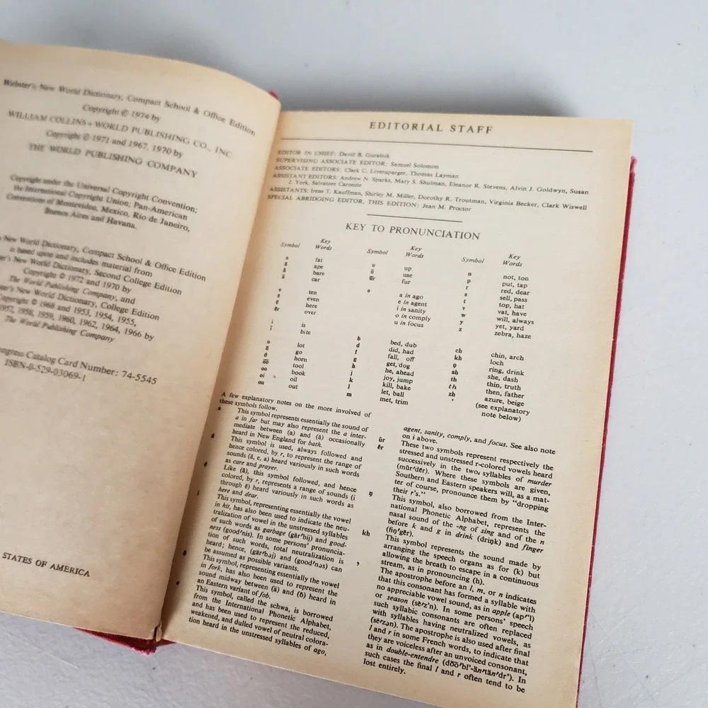 Webster's New World Dictionary 1974 Compact School and Office Edition Red HC